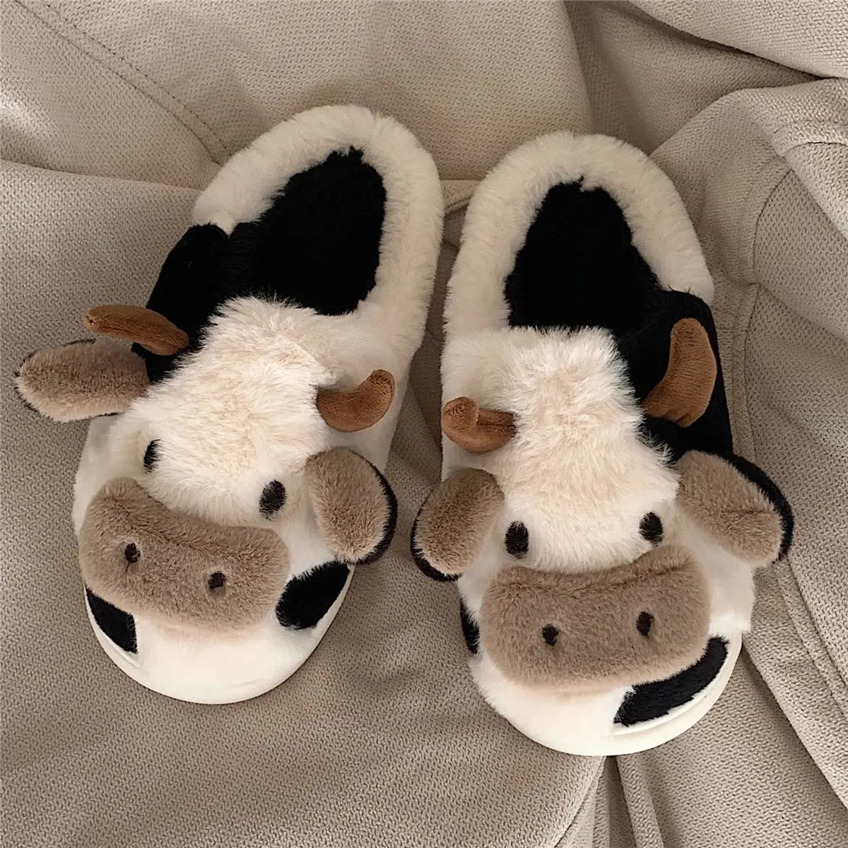 Black Cow Plush Slippers